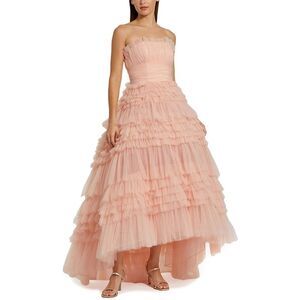 Mac Duggal Pink Strapless Tulle Ruffled Maxi Dress